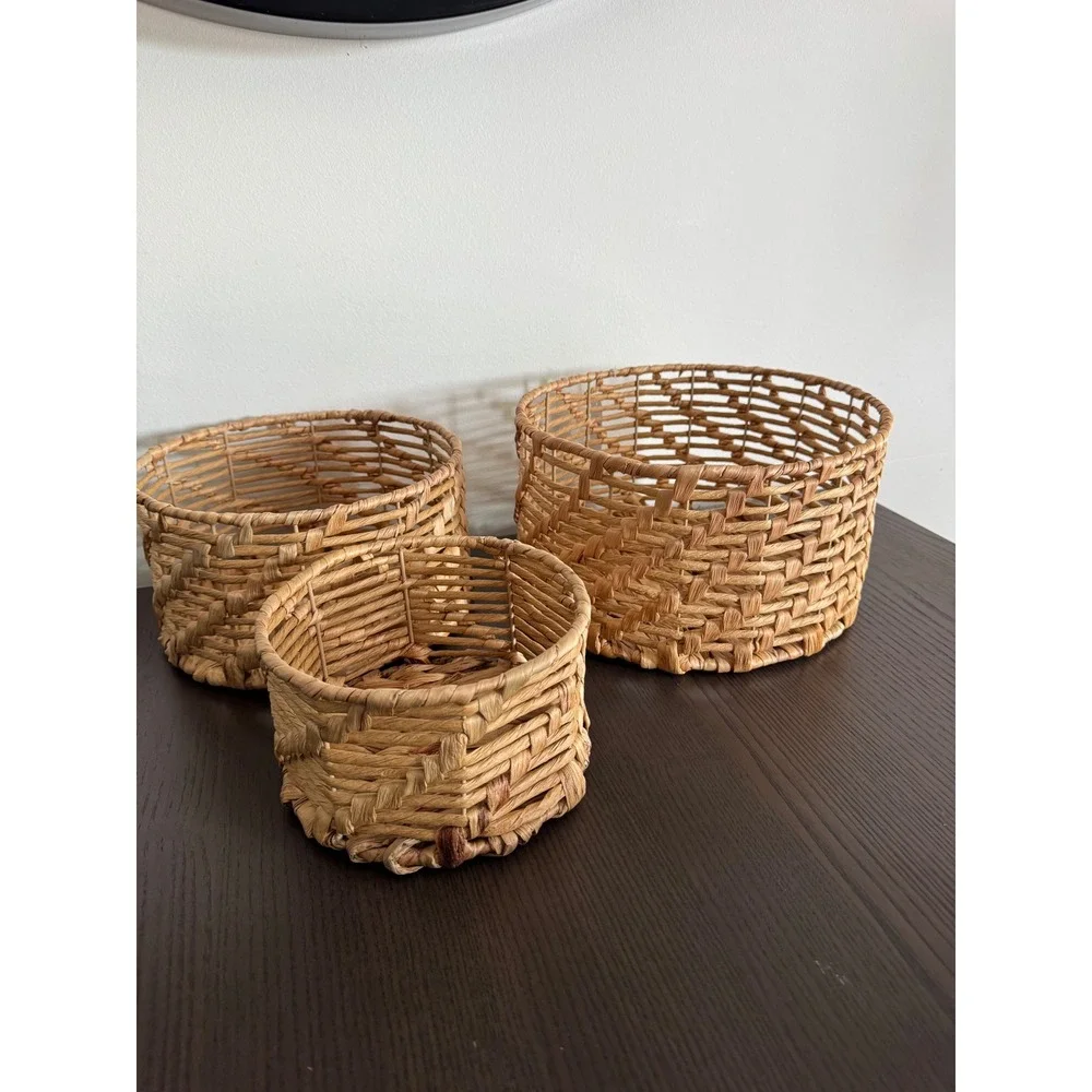 Woven Hyacinth Nesting Baskets‎ Set of 3 Natural Tan Round Decorative Home Boho
